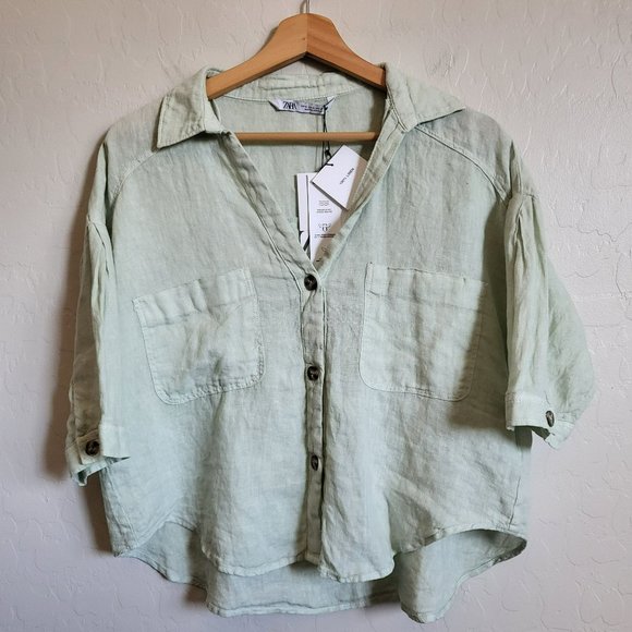 Zara Tops - Zara 100% Linen Oversized Cropped Button Down Shirt Top Green Size Women's M NEW